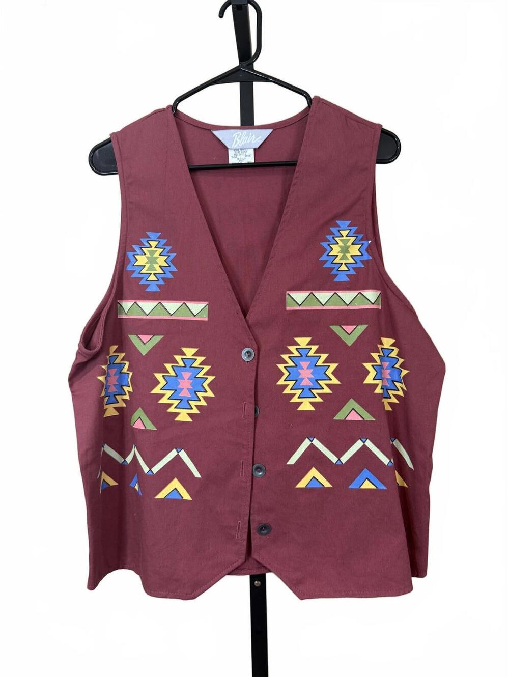 Blair Medium Vintage Style Maroon Vest with Colorful Geometric Patterns